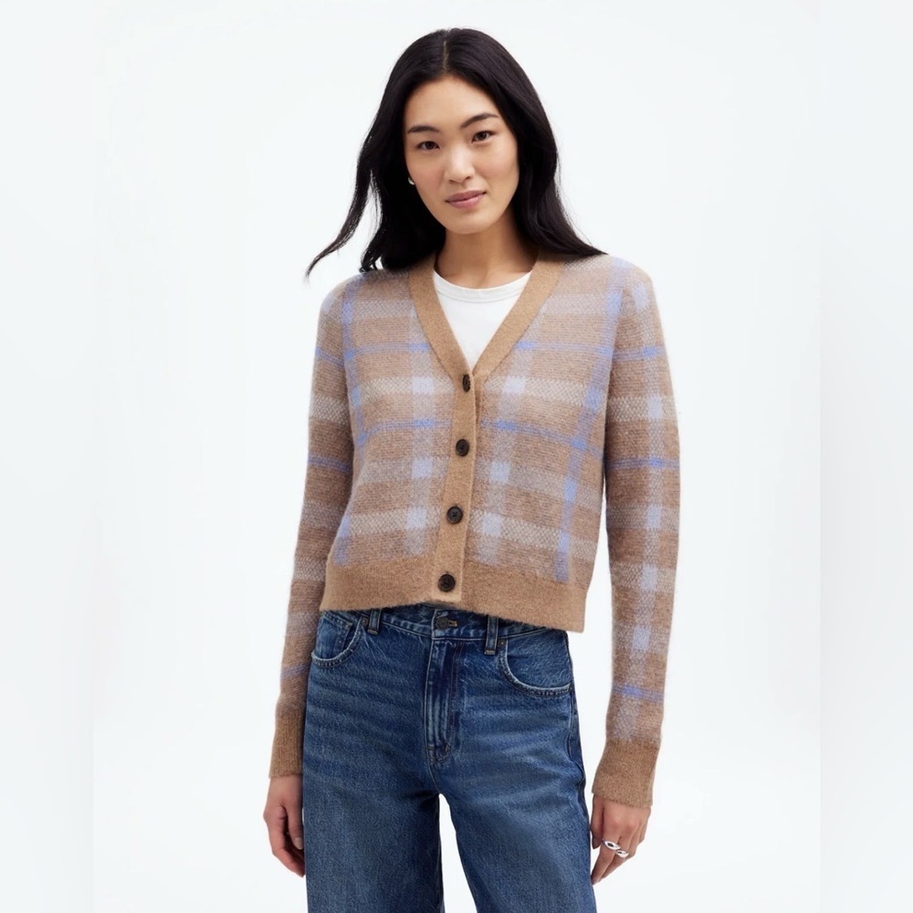 Madewell Alpaca Merino Wool Plaid VNeck Button Down Cardigan Sweater Medium